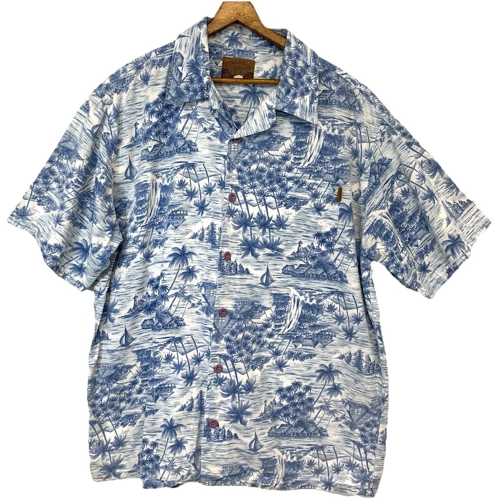 Bullhead Hawaiian Print Camp Shirt Men Large Blue Short Sleeve Button Front